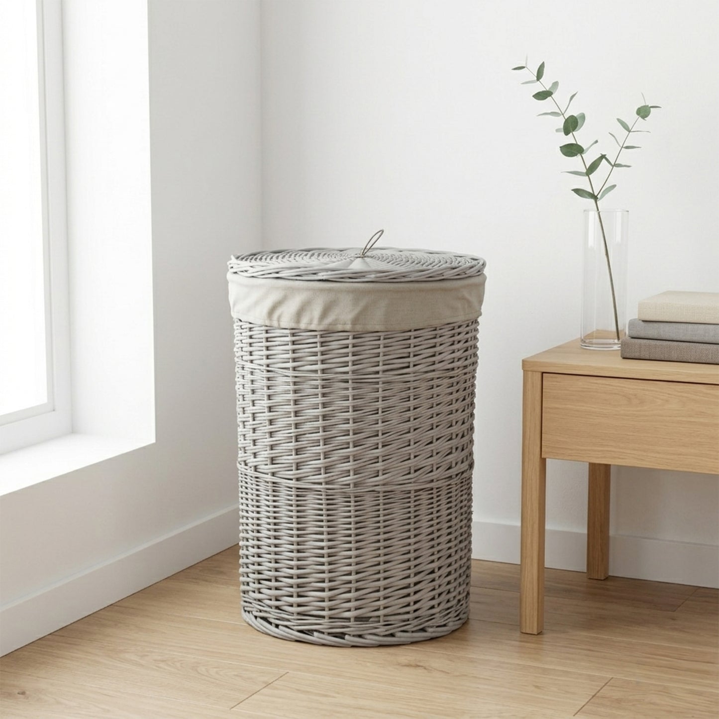 Light Grey Round Wicker Laundry Basket with Lining - 2 Sizes