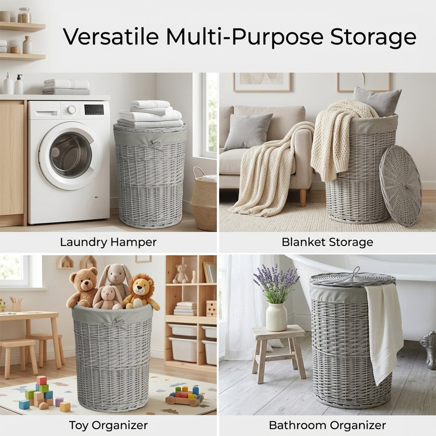 Light Grey Round Wicker Laundry Basket with Lining - 2 Sizes
