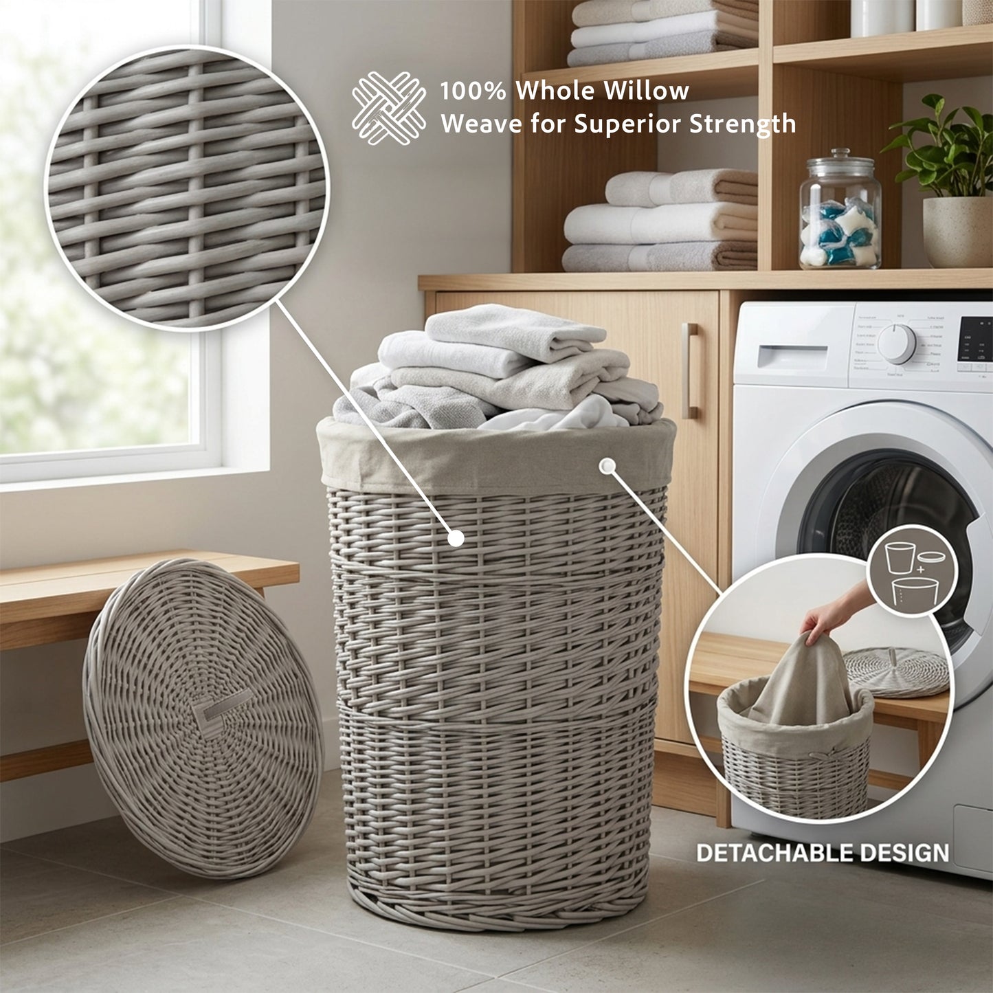 Light Grey Round Wicker Laundry Basket with Lining - 2 Sizes