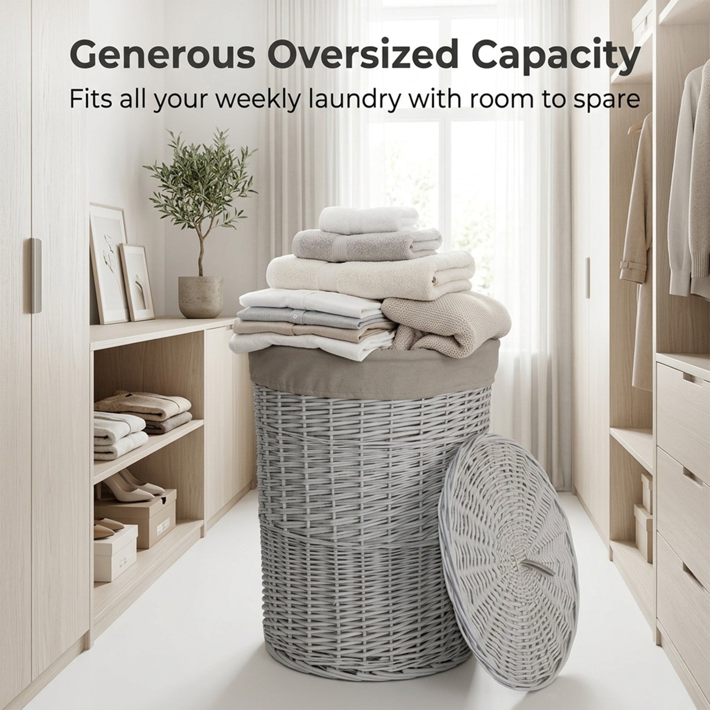 Light Grey Round Wicker Laundry Basket with Lining - 2 Sizes