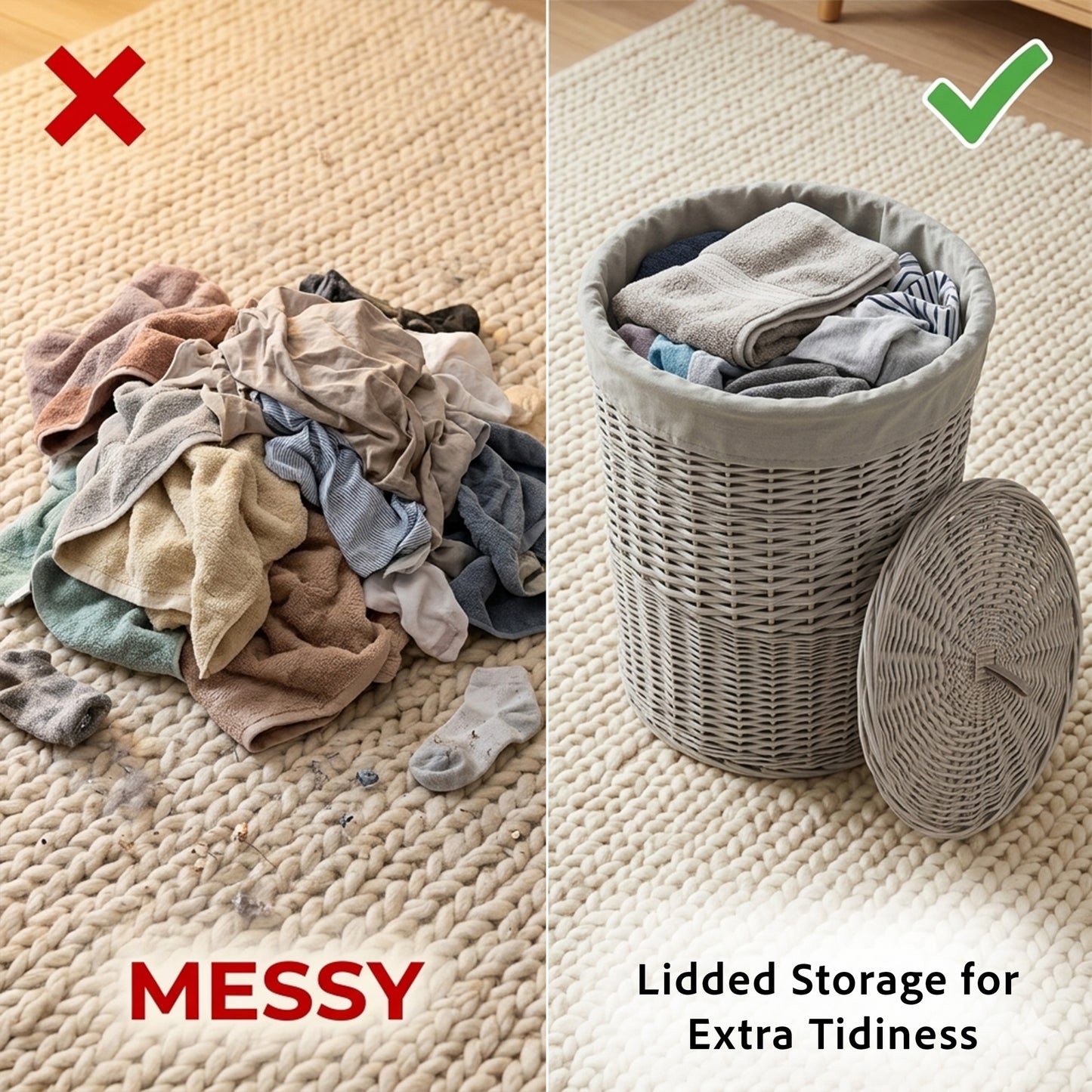 Light Grey Round Wicker Laundry Basket with Lining - 2 Sizes