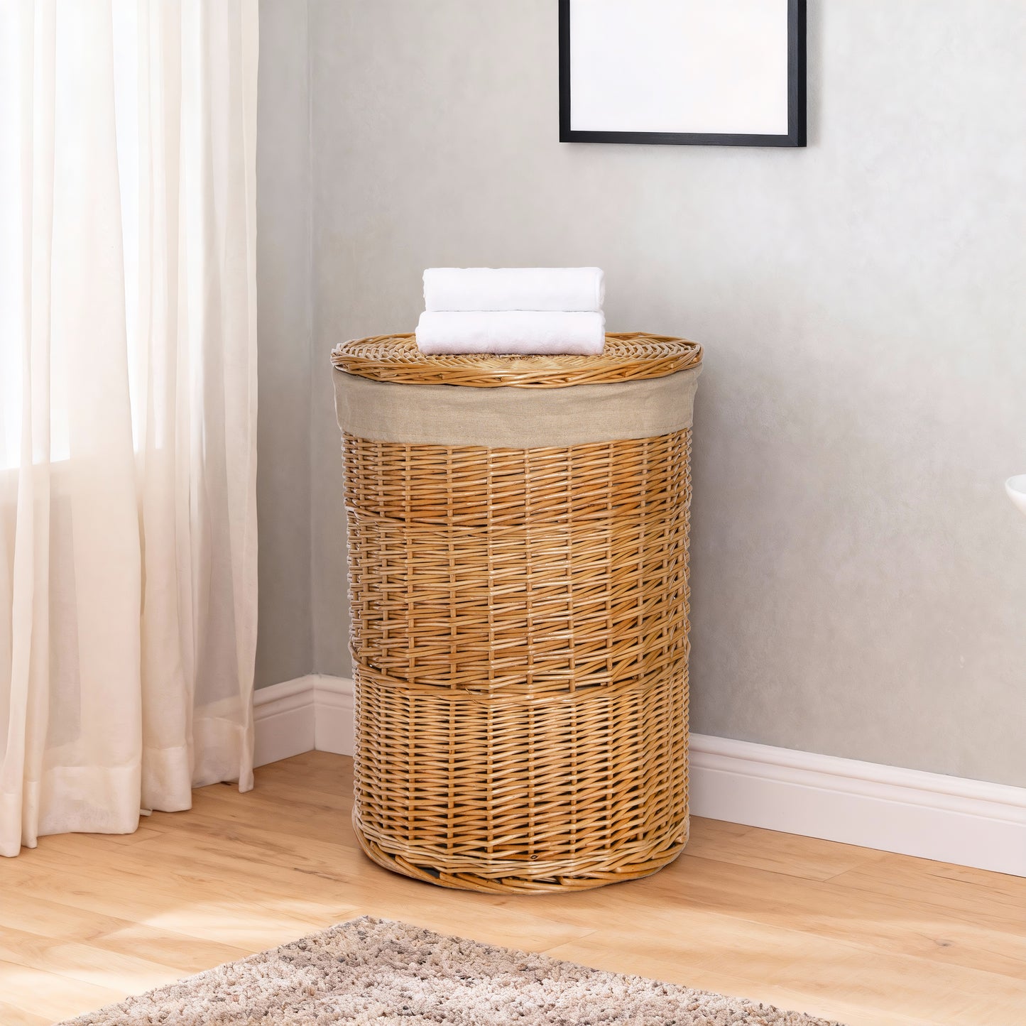 Double Steamed Round Wicker Laundry Basket with Lining - 2 Sizes