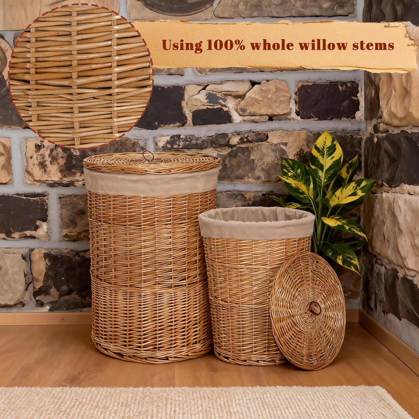 Double Steamed Round Wicker Laundry Basket with Lining - 2 Sizes