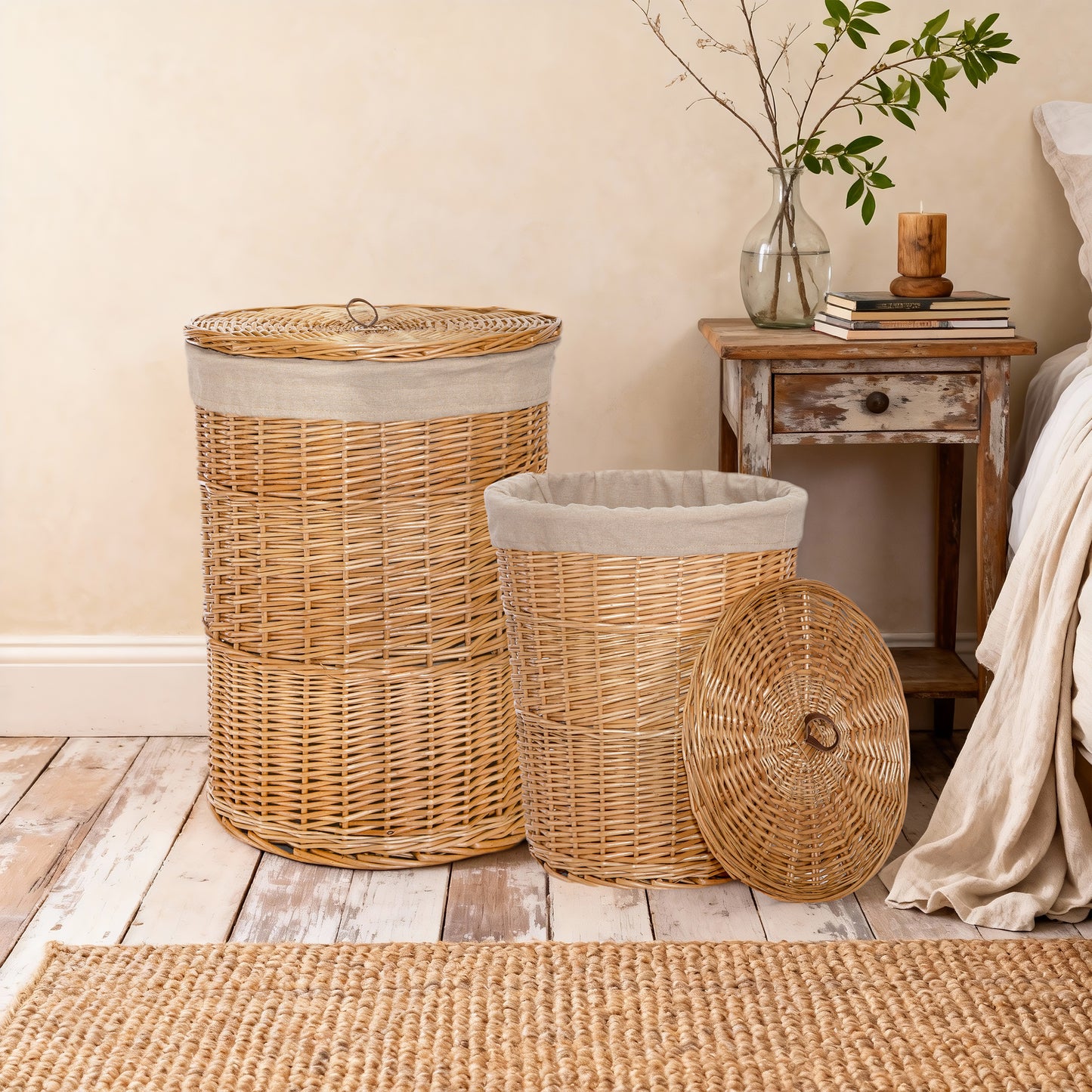 Double Steamed Round Wicker Laundry Basket with Lining - 2 Sizes