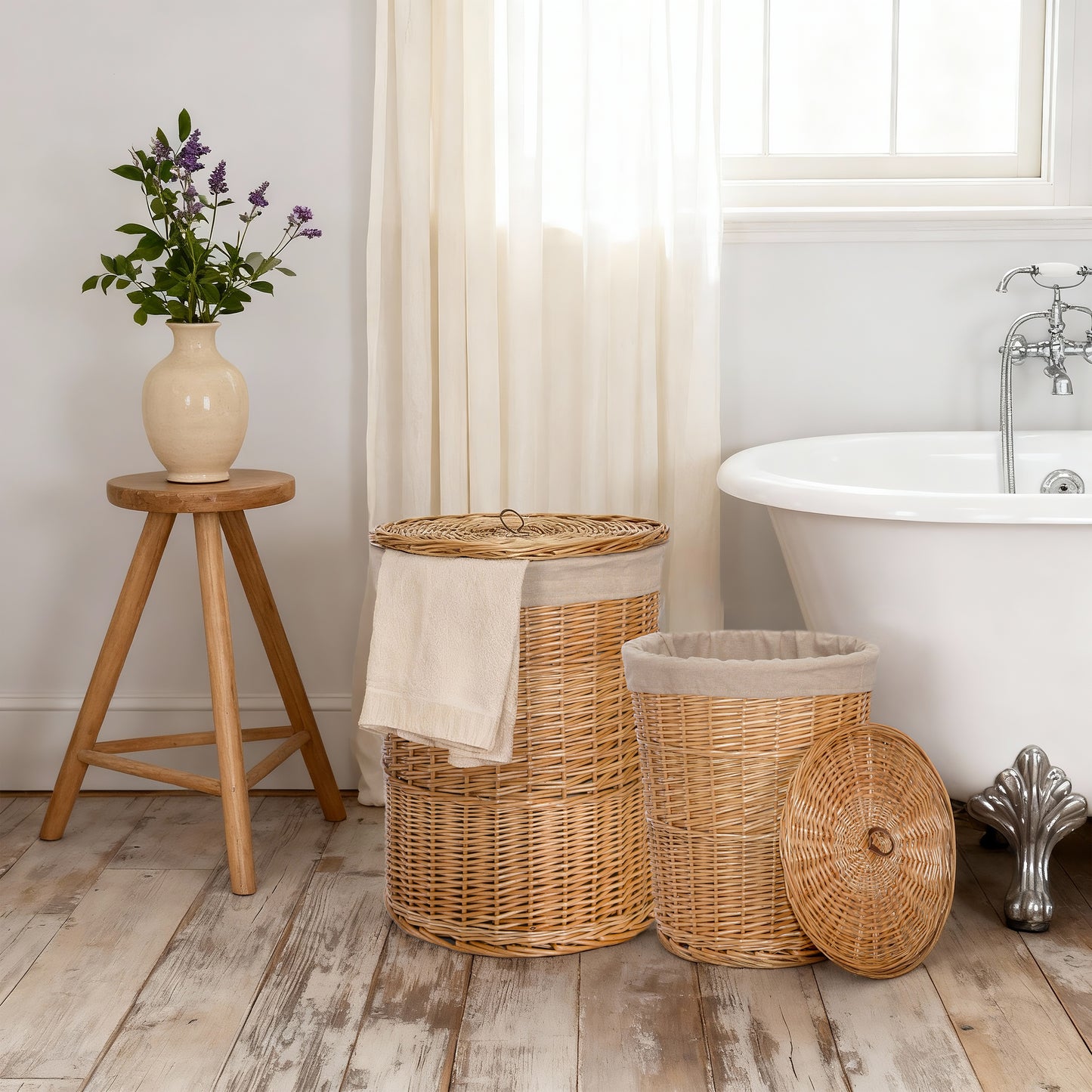 Double Steamed Round Wicker Laundry Basket with Lining - 2 Sizes