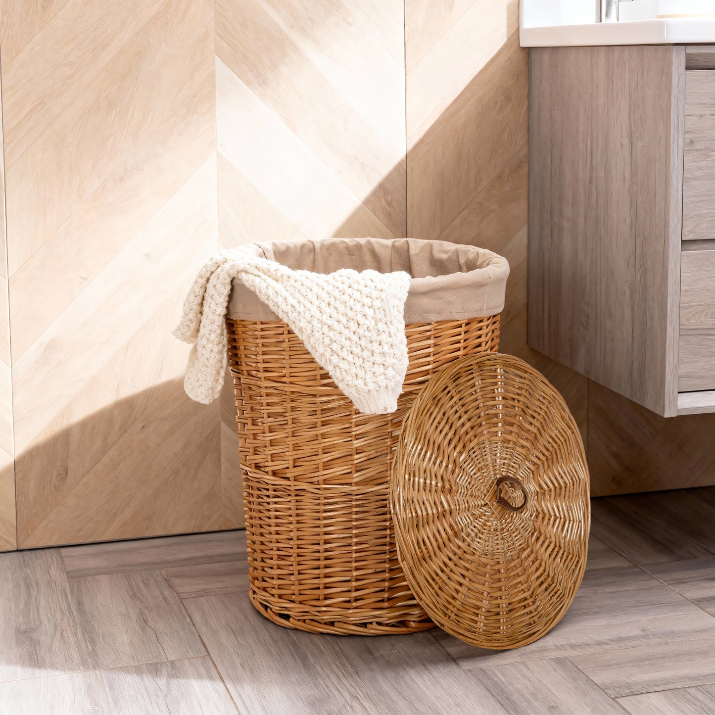 Double Steamed Round Wicker Laundry Basket with Lining - 2 Sizes