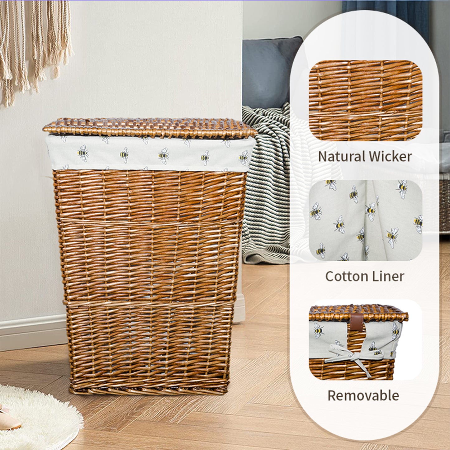 Double Steamed Wicker Laundry Basket with Bee Patterned Lining