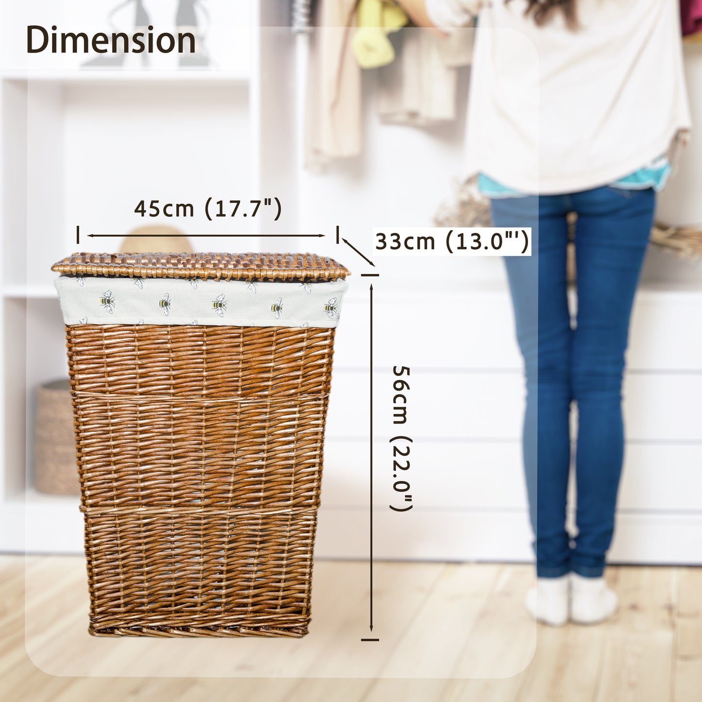 Double Steamed Wicker Laundry Basket with Bee Patterned Lining