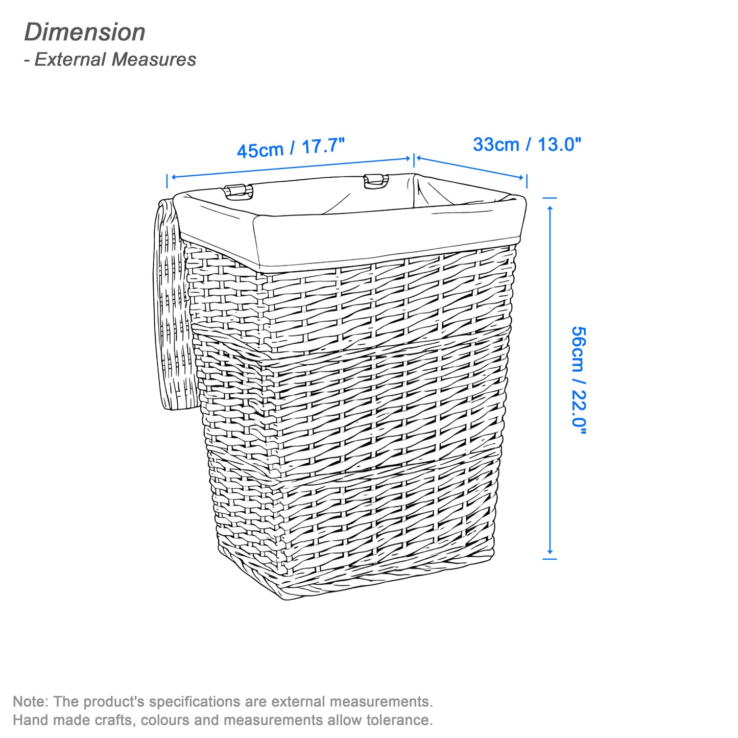 Grey Wash Tapered Wicker Laundry Basket with Lining
