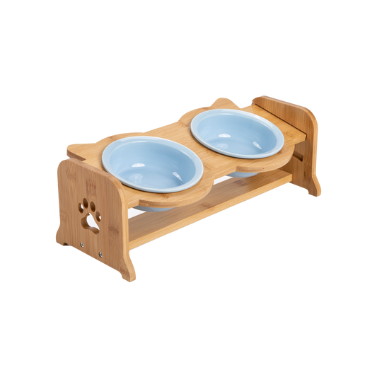 Bamboo Adjustable Feeding Station with Blue Ceramic Bowls