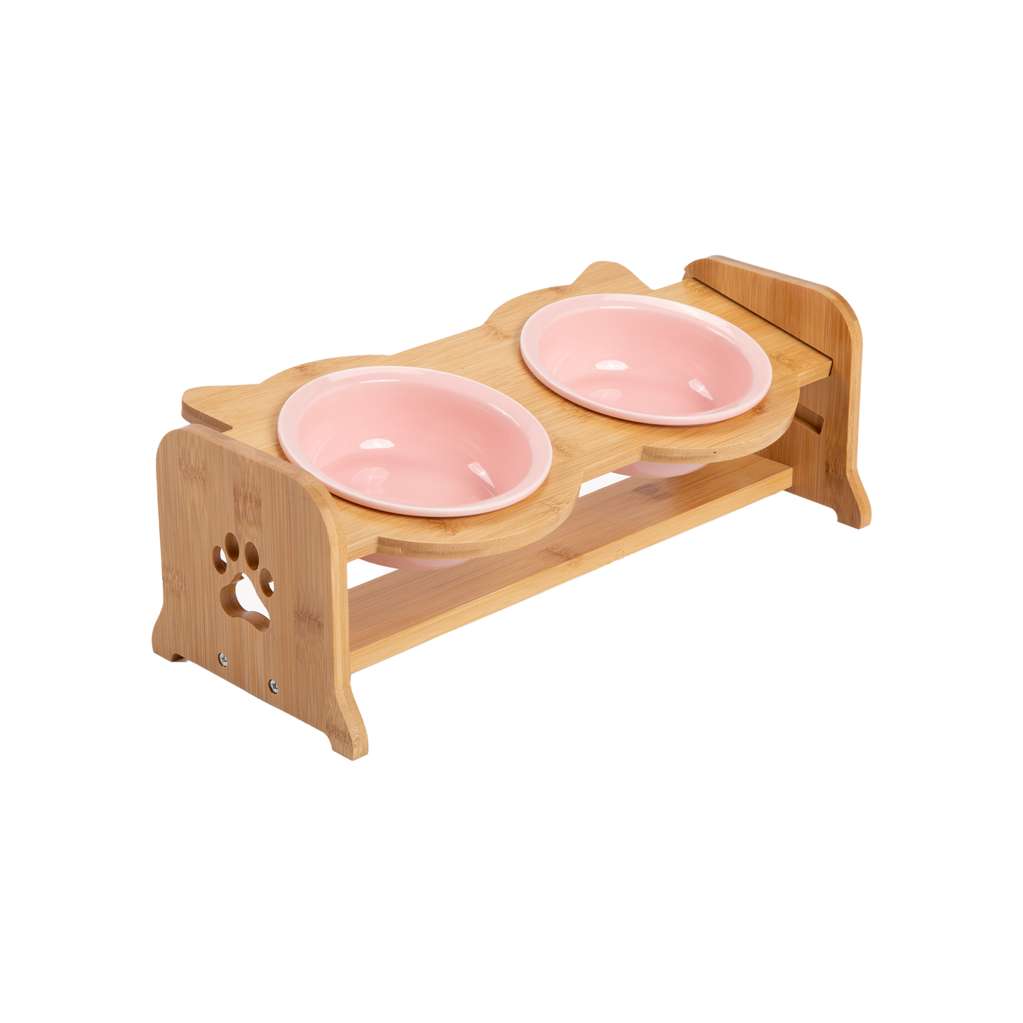 Bamboo Adjustable Feeding Station with Pink Ceramic Bowls