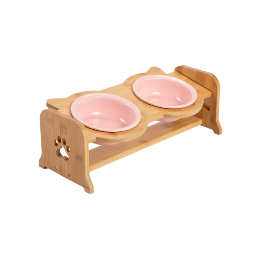 Bamboo Adjustable Feeding Station with Pink Ceramic Bowls