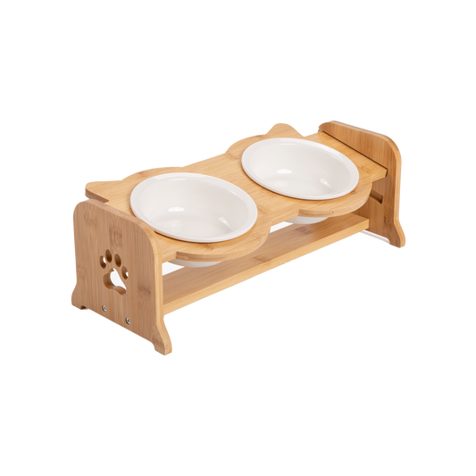 Bamboo Adjustable Feeding Station with White Ceramic Bowls
