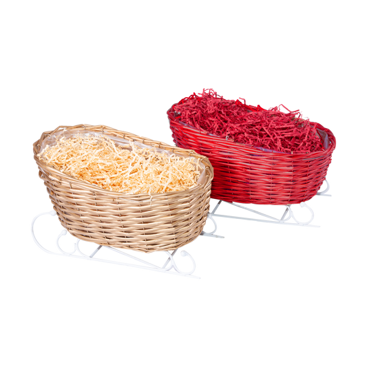 Christmas Sleigh Gift Basket with Plastic Lining - Buff / Red