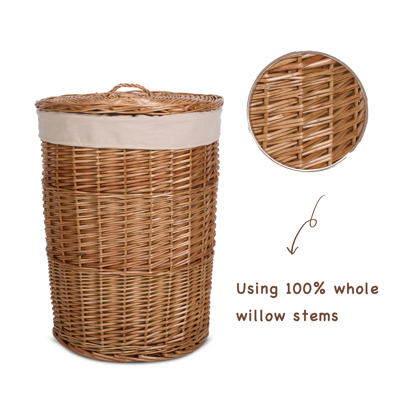 Double Steamed Round Wicker Laundry Basket with Lining - 2 Sizes