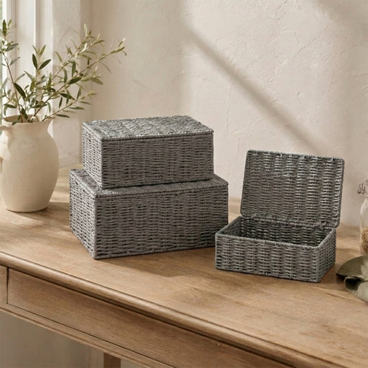 Wickerfield Paper Rope Storage Hamper Basket Box with Lid (Grey, Set: S+M+L)