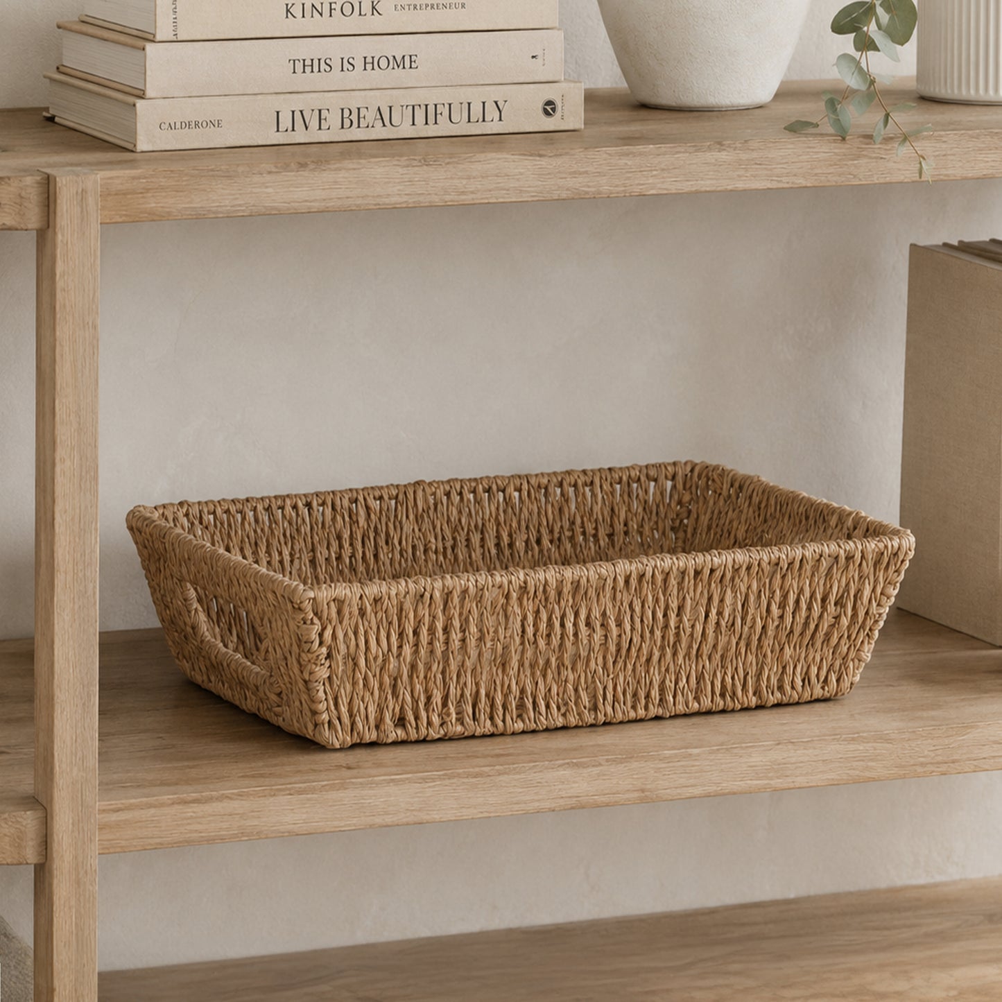 Paper Rope Hamper Basket Tray with Handle - Grey / White / Beige