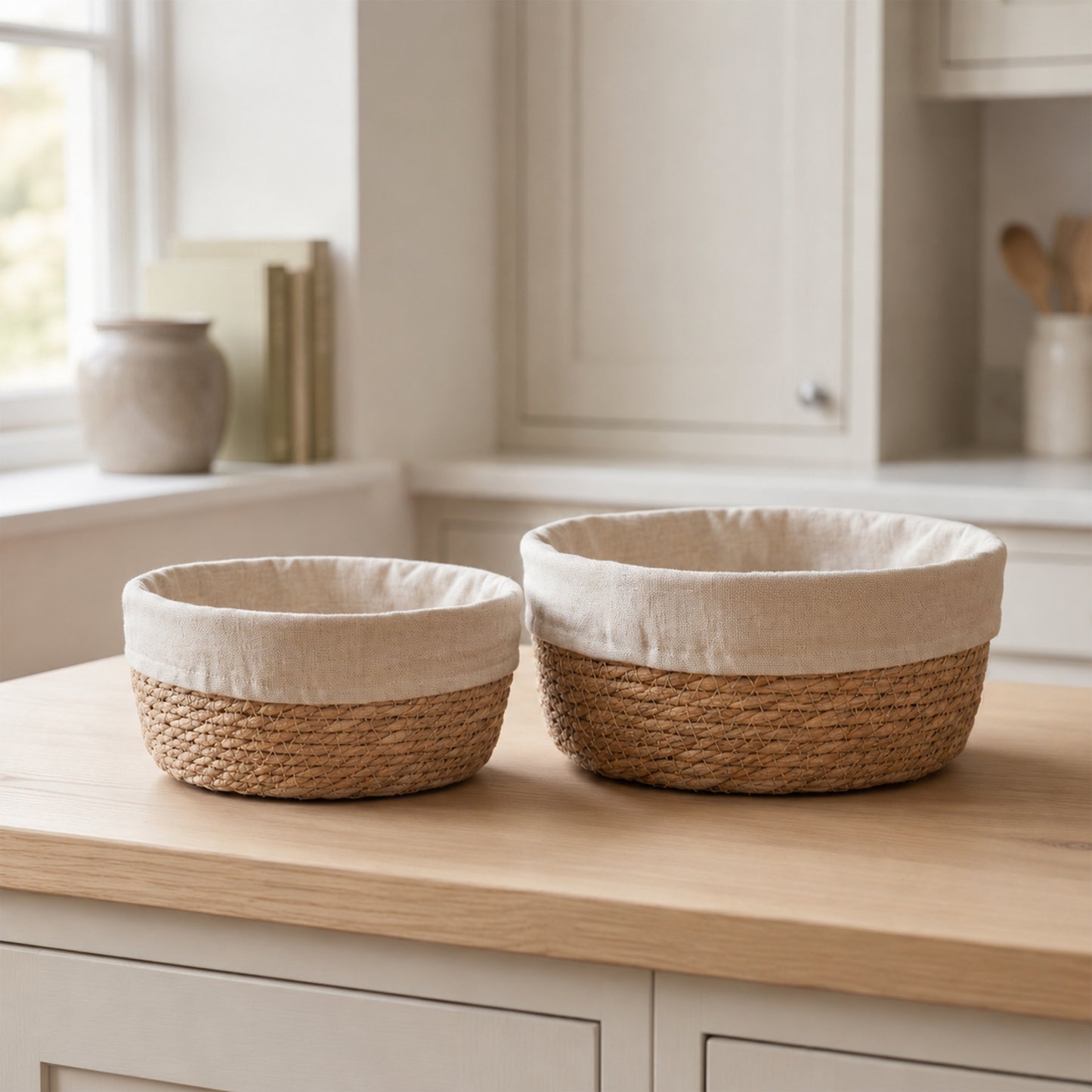 Round Seagrass Storage Basket with Lining Set 2