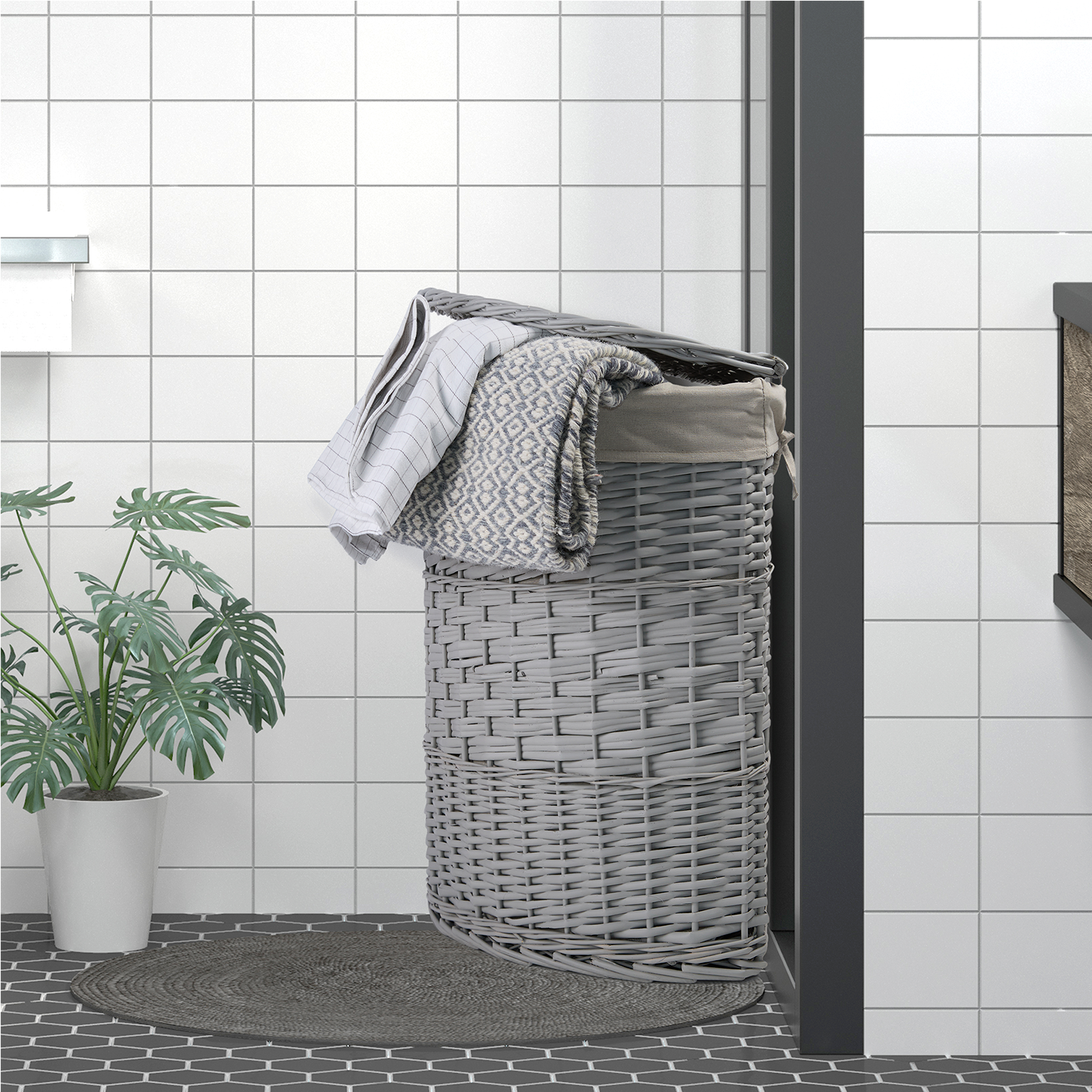 Grey Corner Wicker Laundry Basket with Lining