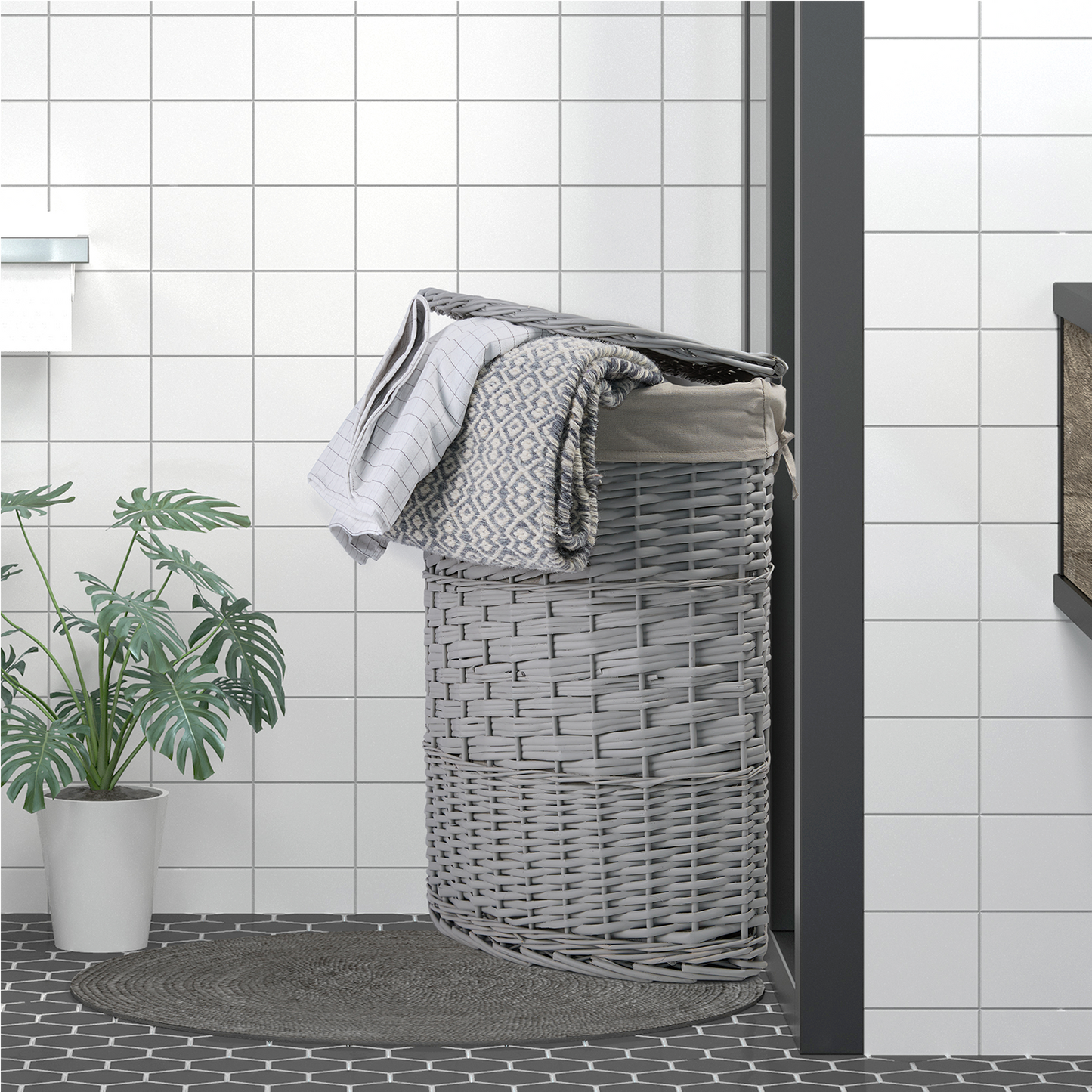 Grey Corner Wicker Laundry Basket with Lining