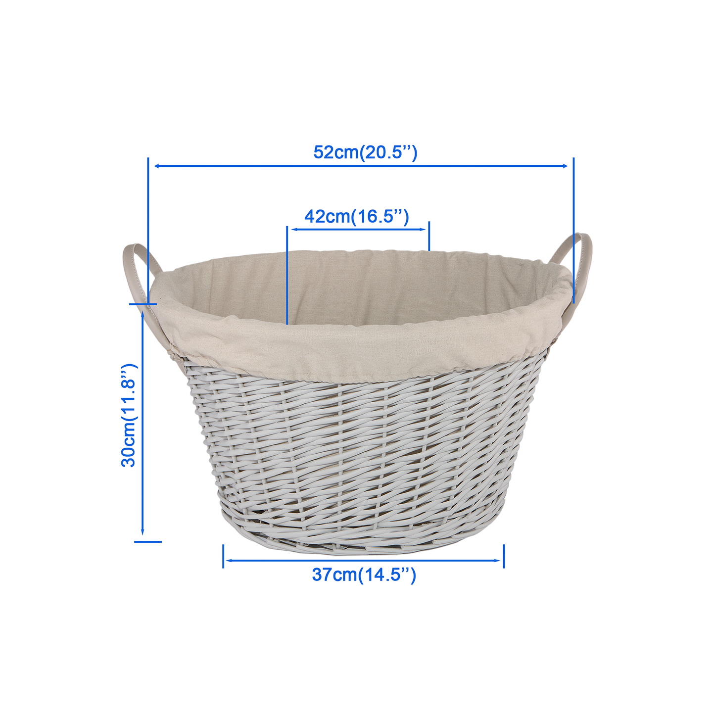 Grey Oval Wicker Storage Wash Basket with Lining - Grey / White