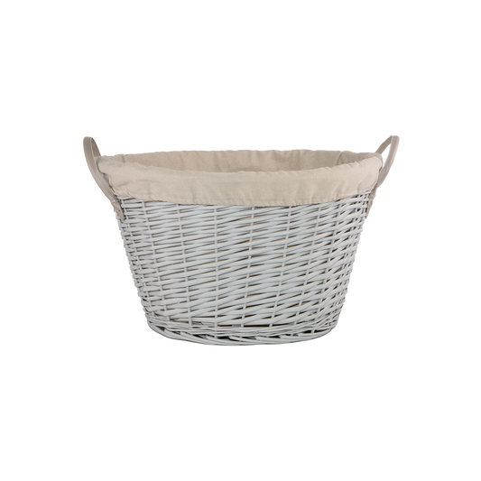 Grey Oval Wicker Storage Wash Basket with Lining - Grey / White