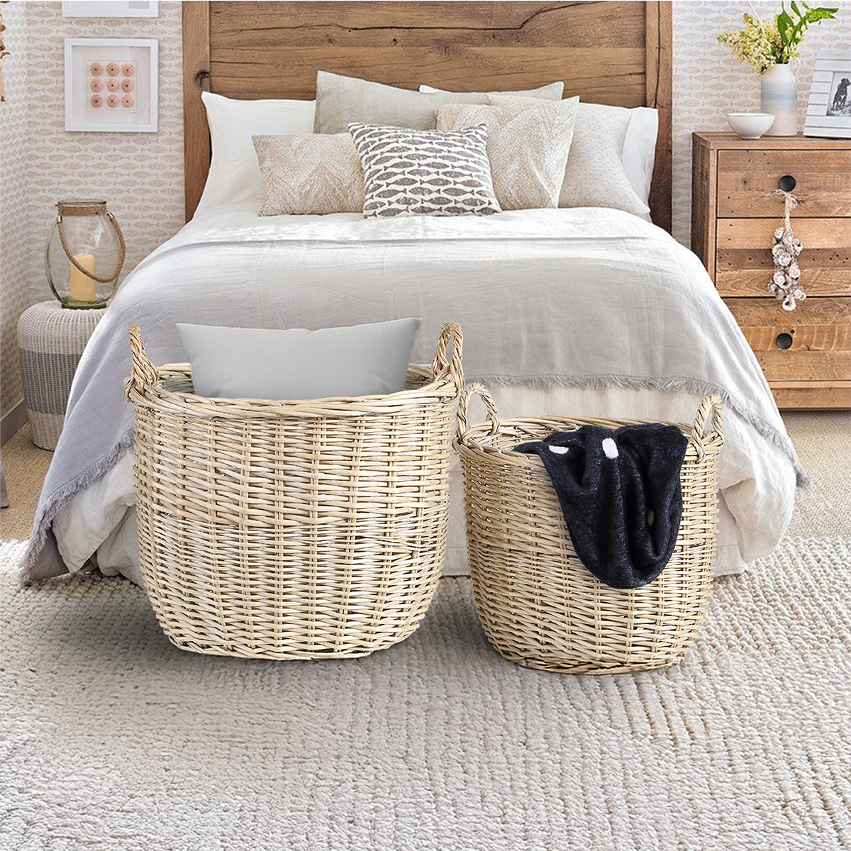 Antique Wash Oval Wicker Storage Basket - 2 Sizes
