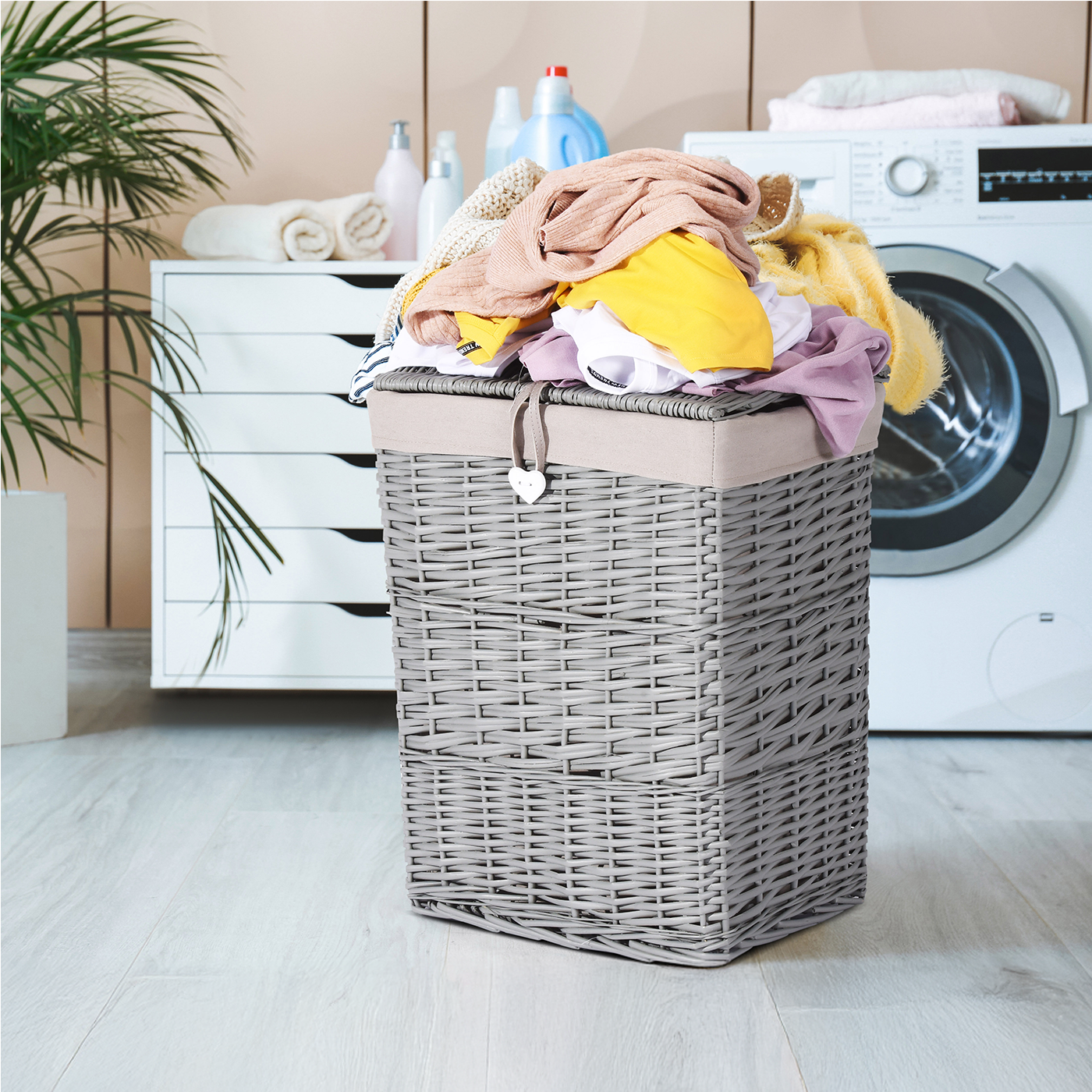 Grey Rectangular Wicker Laundry Basket with Lining - 2 Sizes