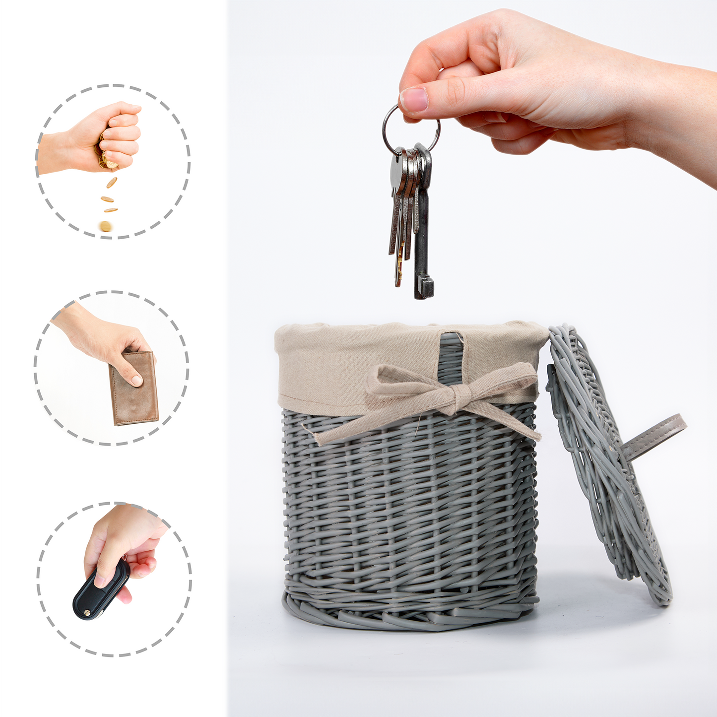 Grey Round Lidded Wicker Storage Basket with Lining