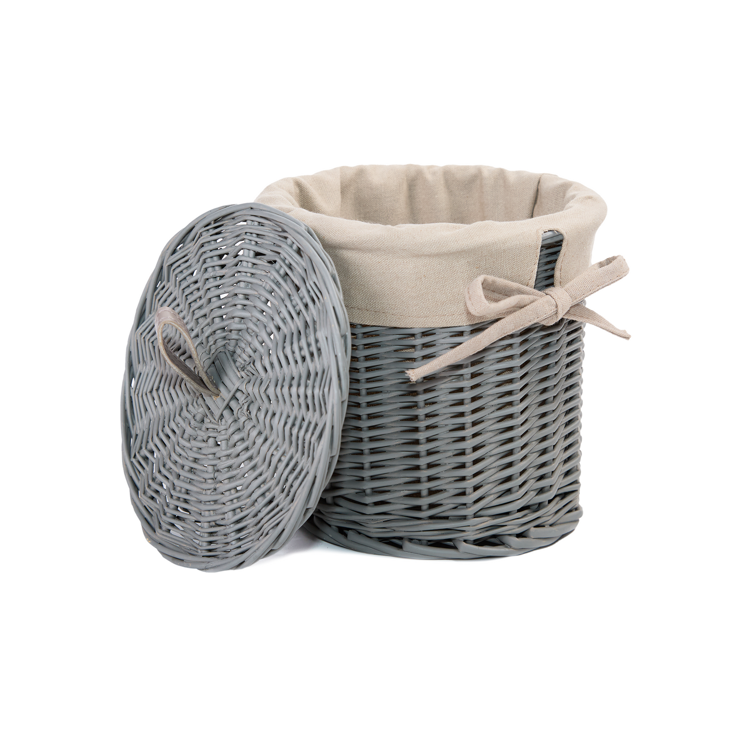 Grey Round Lidded Wicker Storage Basket with Lining