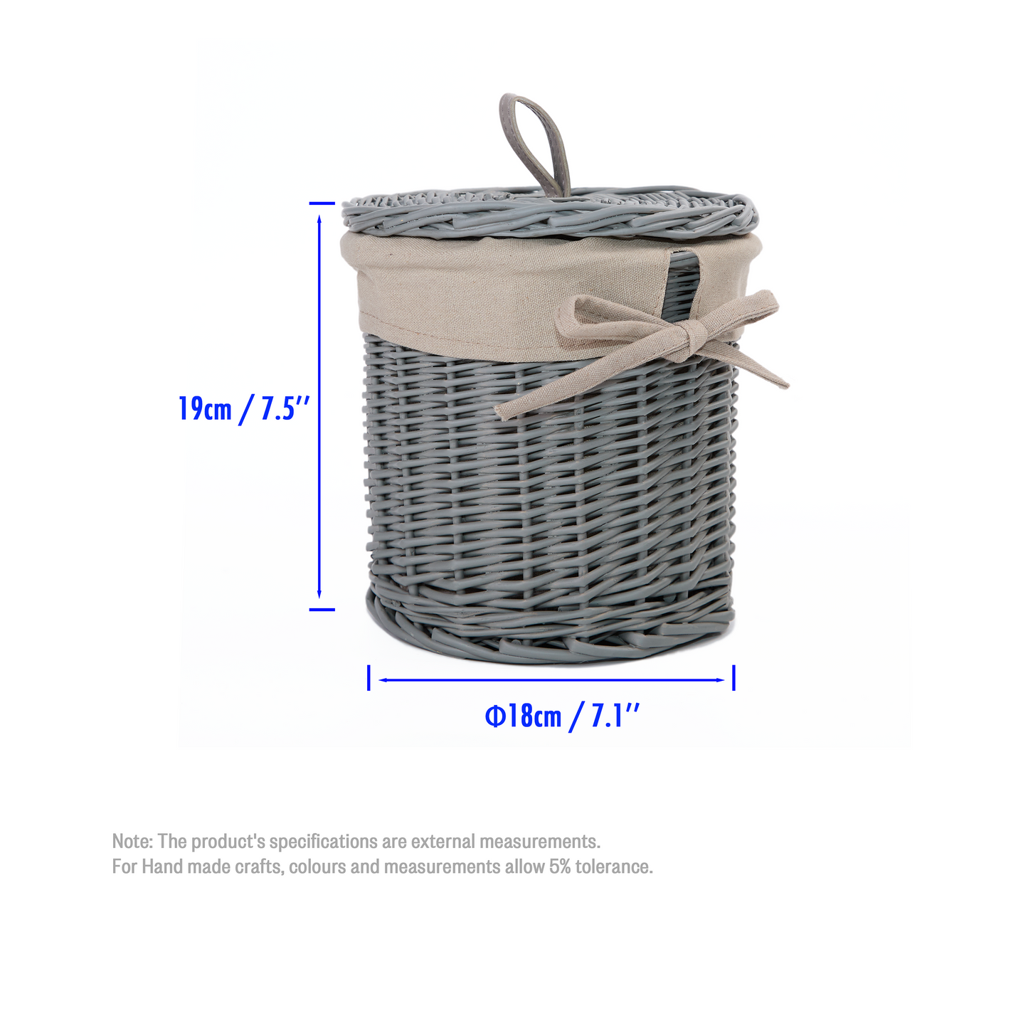Grey Round Lidded Wicker Storage Basket with Lining