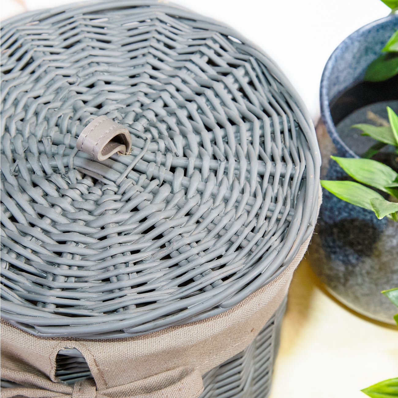 Grey Round Lidded Wicker Storage Basket with Lining