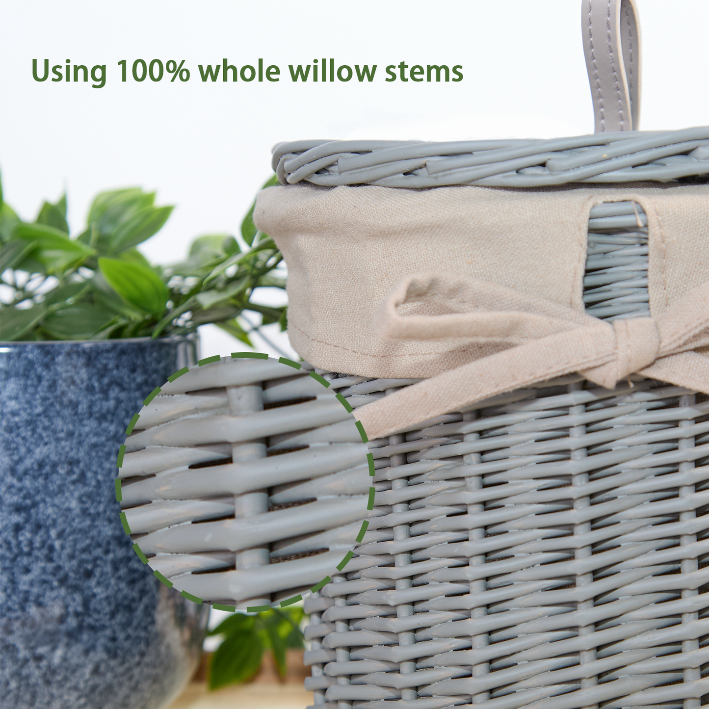 Grey Round Lidded Wicker Storage Basket with Lining