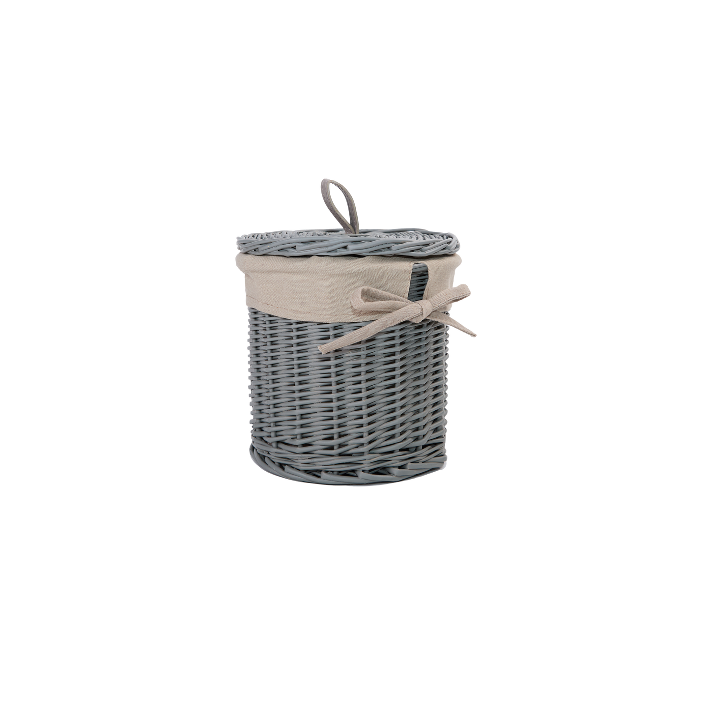 Grey Round Lidded Wicker Storage Basket with Lining