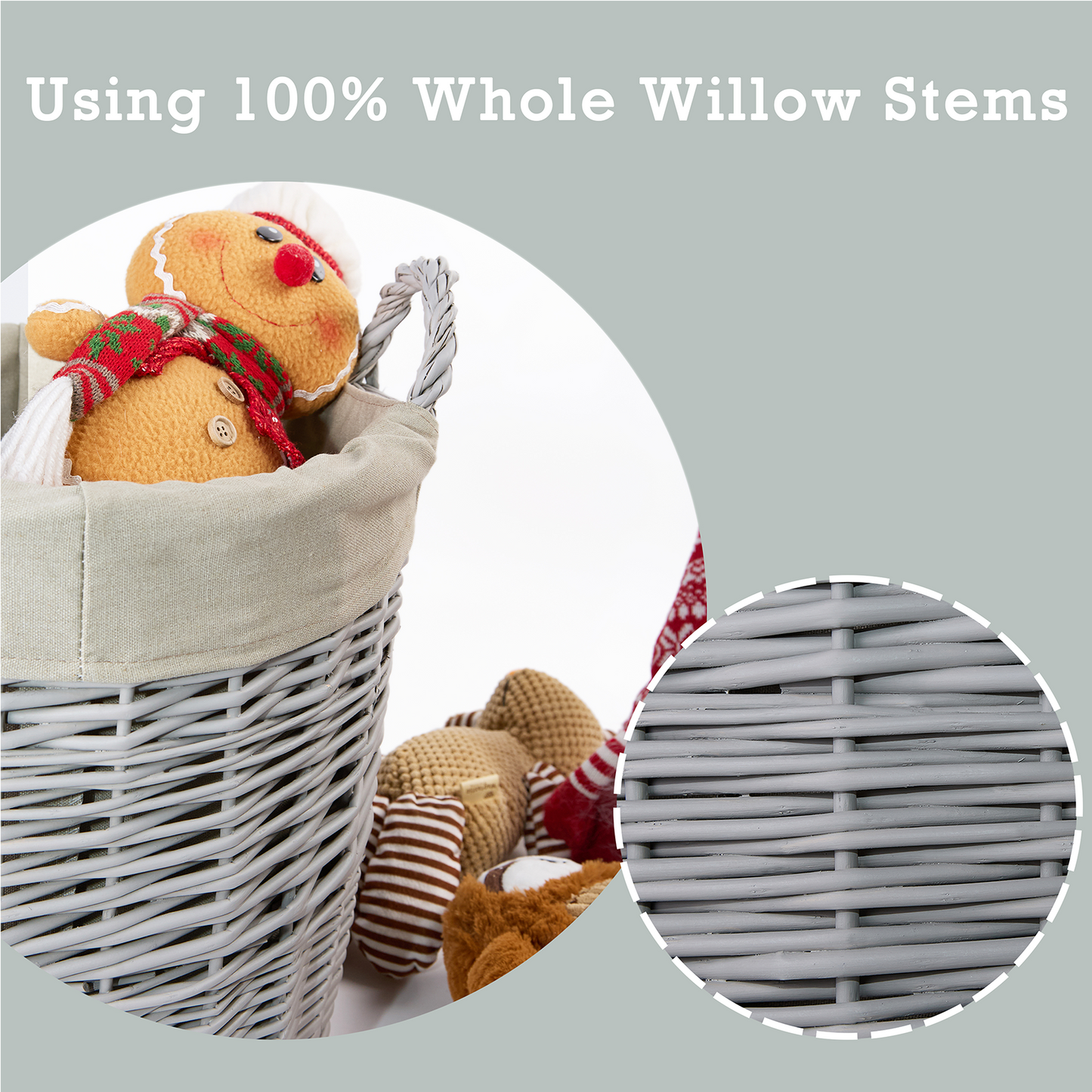 Grey Round Wicker Laundry Storage Basket with Lining - 2 Sizes