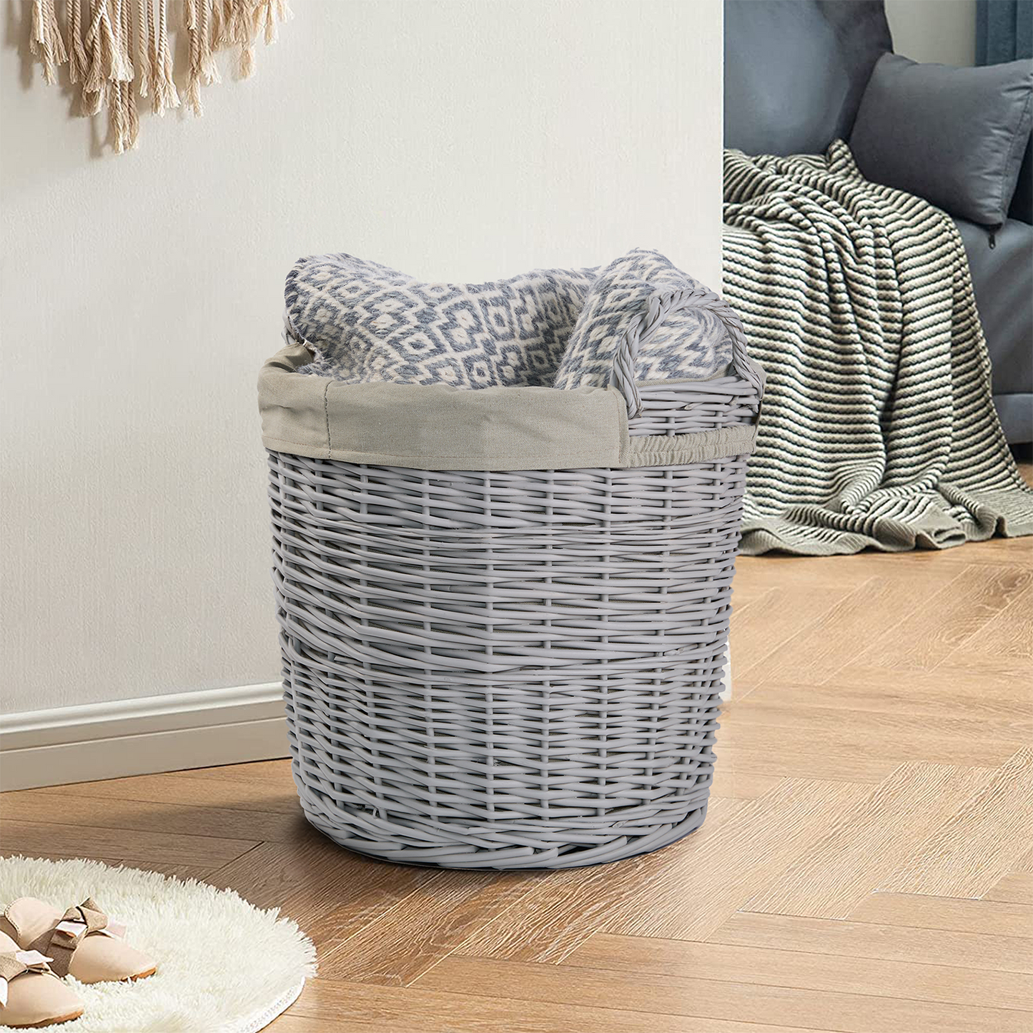 Grey Round Wicker Laundry Storage Basket with Lining - 2 Sizes
