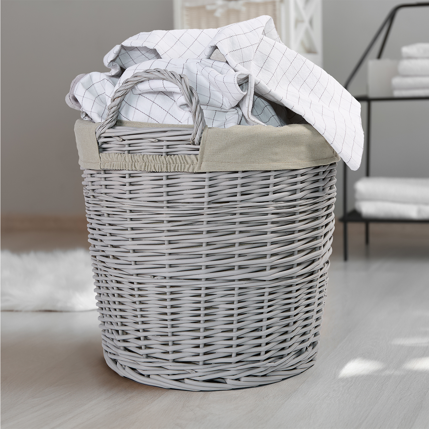Grey Round Wicker Laundry Storage Basket with Lining - 2 Sizes
