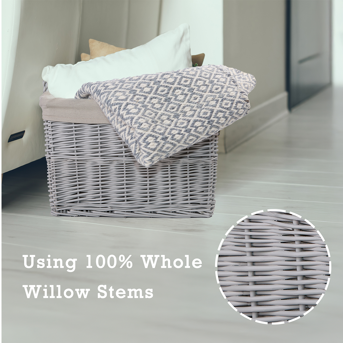 Grey Rectangular Wicker Storage Basket with Lining - 3 Sizes