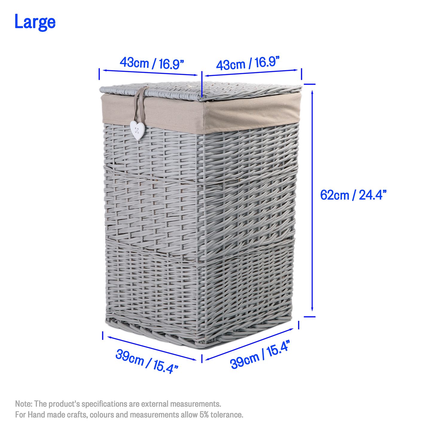 Grey Square Wicker Laundry Basket with Lining - 2 Sizes
