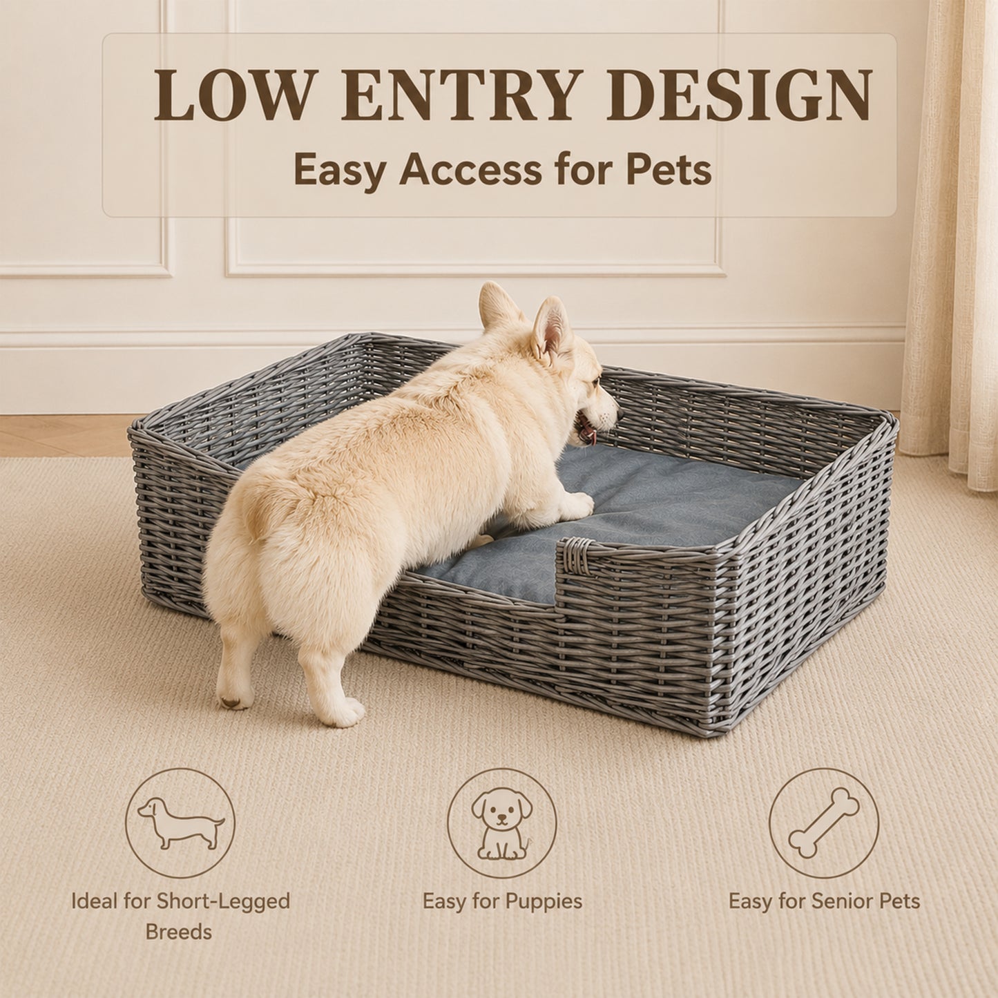 Antique Wash Rectangular Low Entry Wicker Dog Bed with Cushion - 2 Sizes