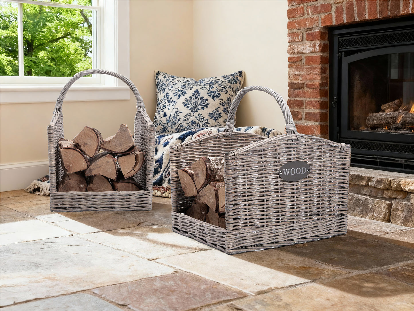 Antique Wash Open Ended Wicker Log Basket - 2 Sizes