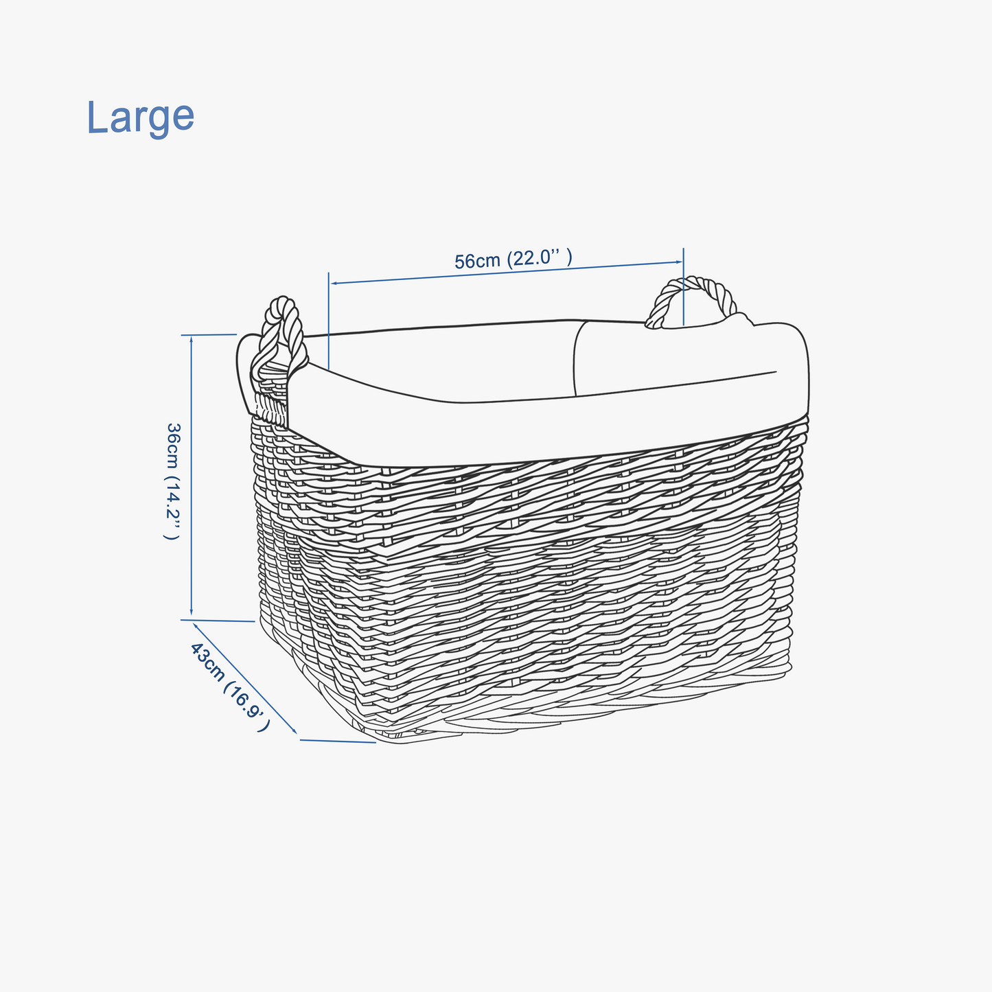 Grey Rectangular Wicker Storage Basket with Lining - 3 Sizes
