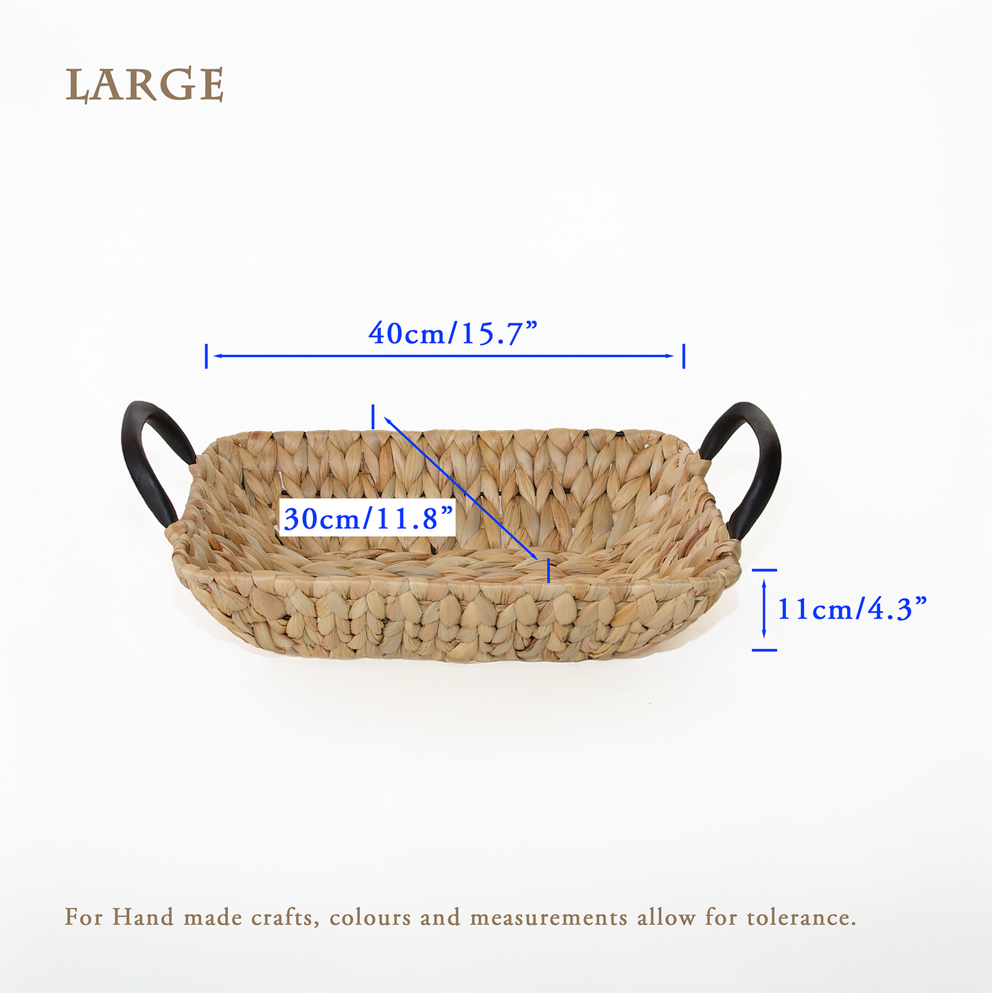 Water Hyacinth Rectangular Basket Tray with Black Handle - 3 Sizes