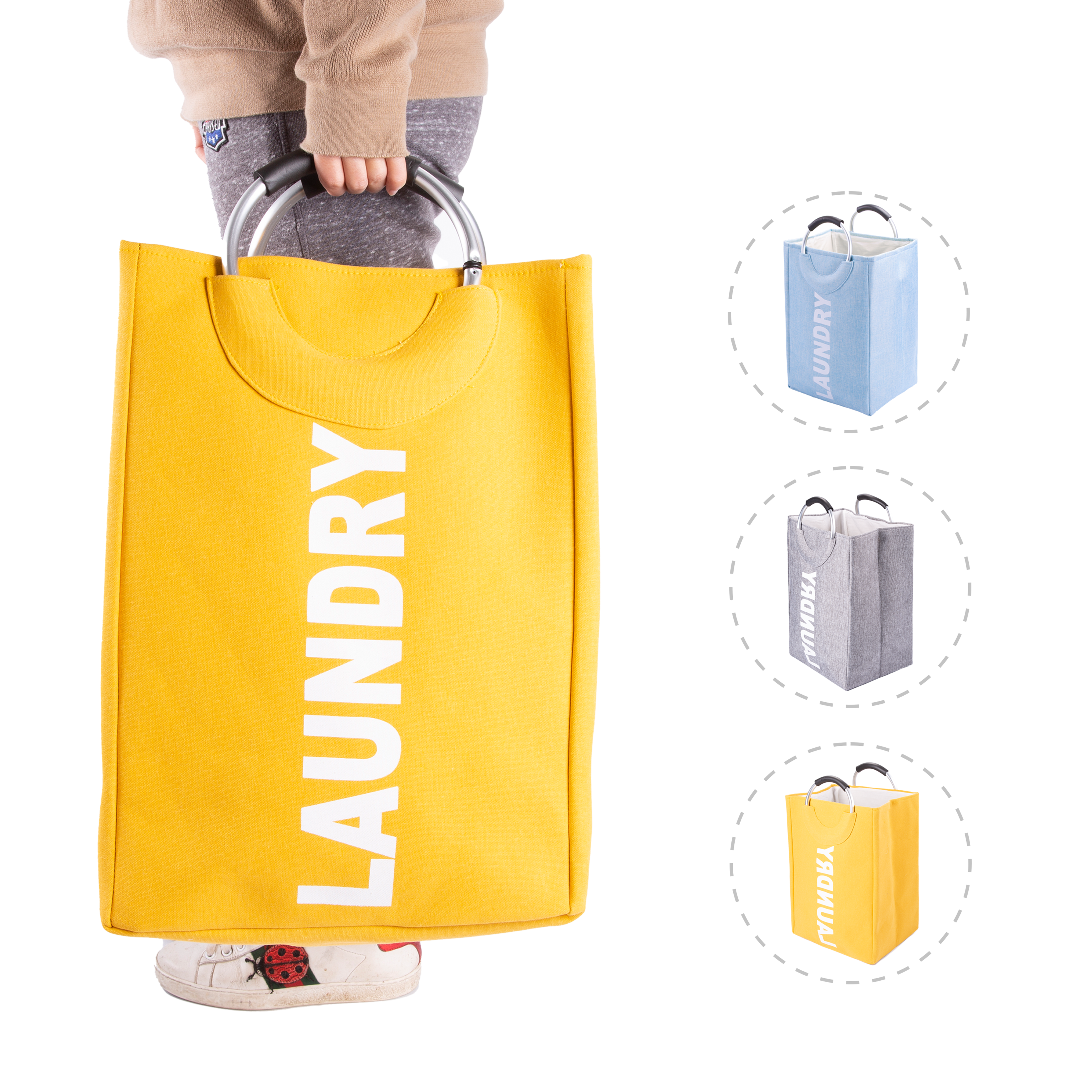 Fabric Laundry Bag with Lining - Blue / Grey / Yellow