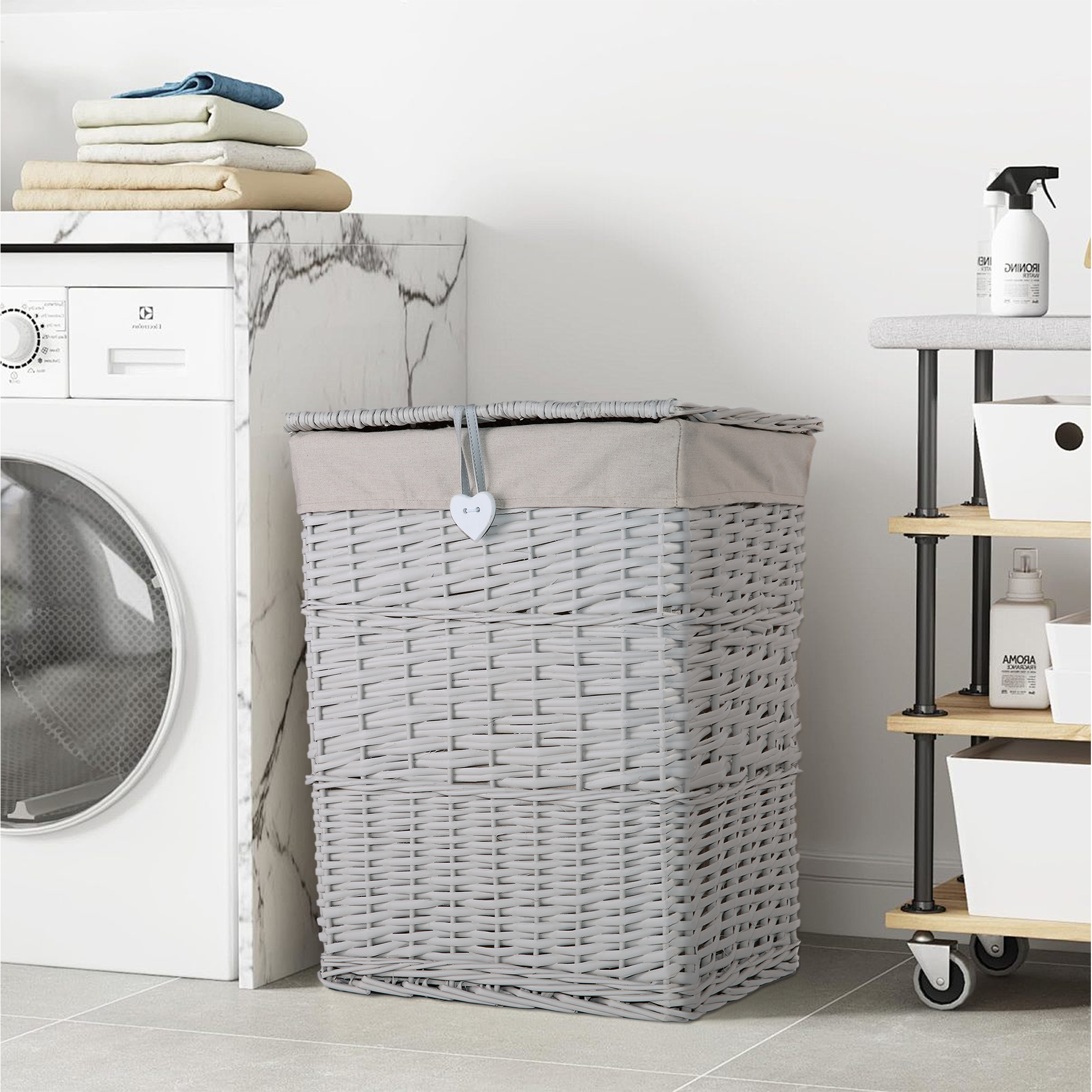 Light Grey Rectangular Wicker Laundry Basket with Lining - 2 Sizes