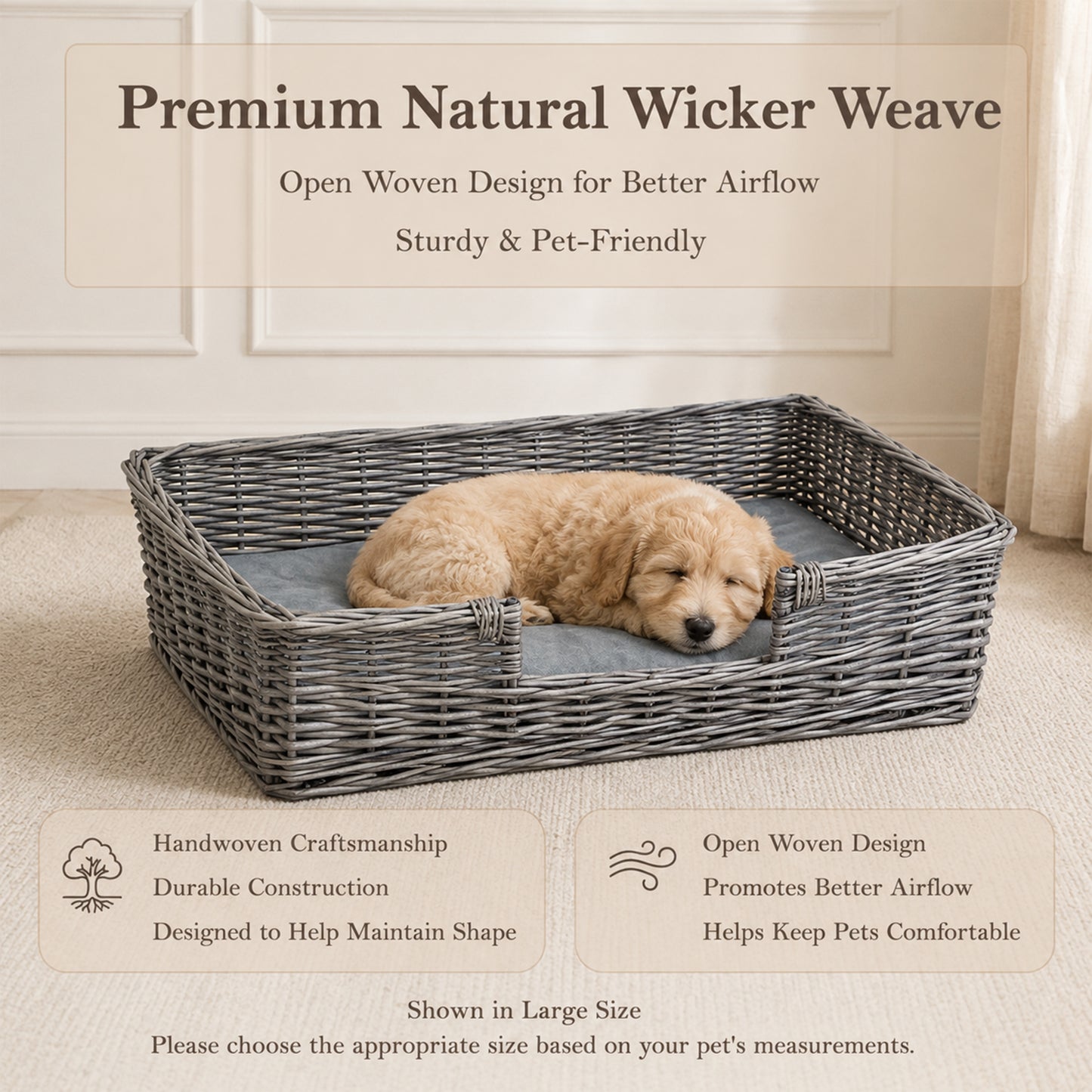 Antique Wash Rectangular Low Entry Wicker Dog Bed with Cushion - 2 Sizes