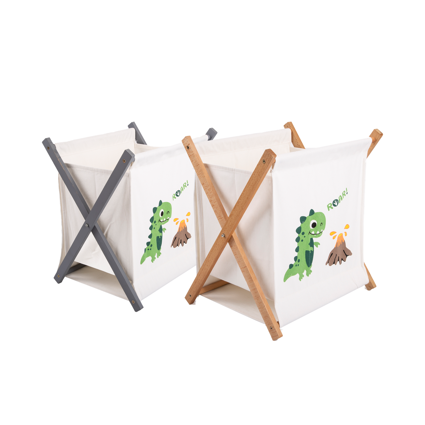 Medium Collapsible Dinosaur Pattern Cotton Laundry Bag - Grey / Natural