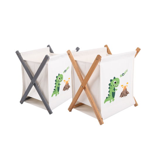 Medium Collapsible Dinosaur Pattern Cotton Laundry Bag - Grey / Natural