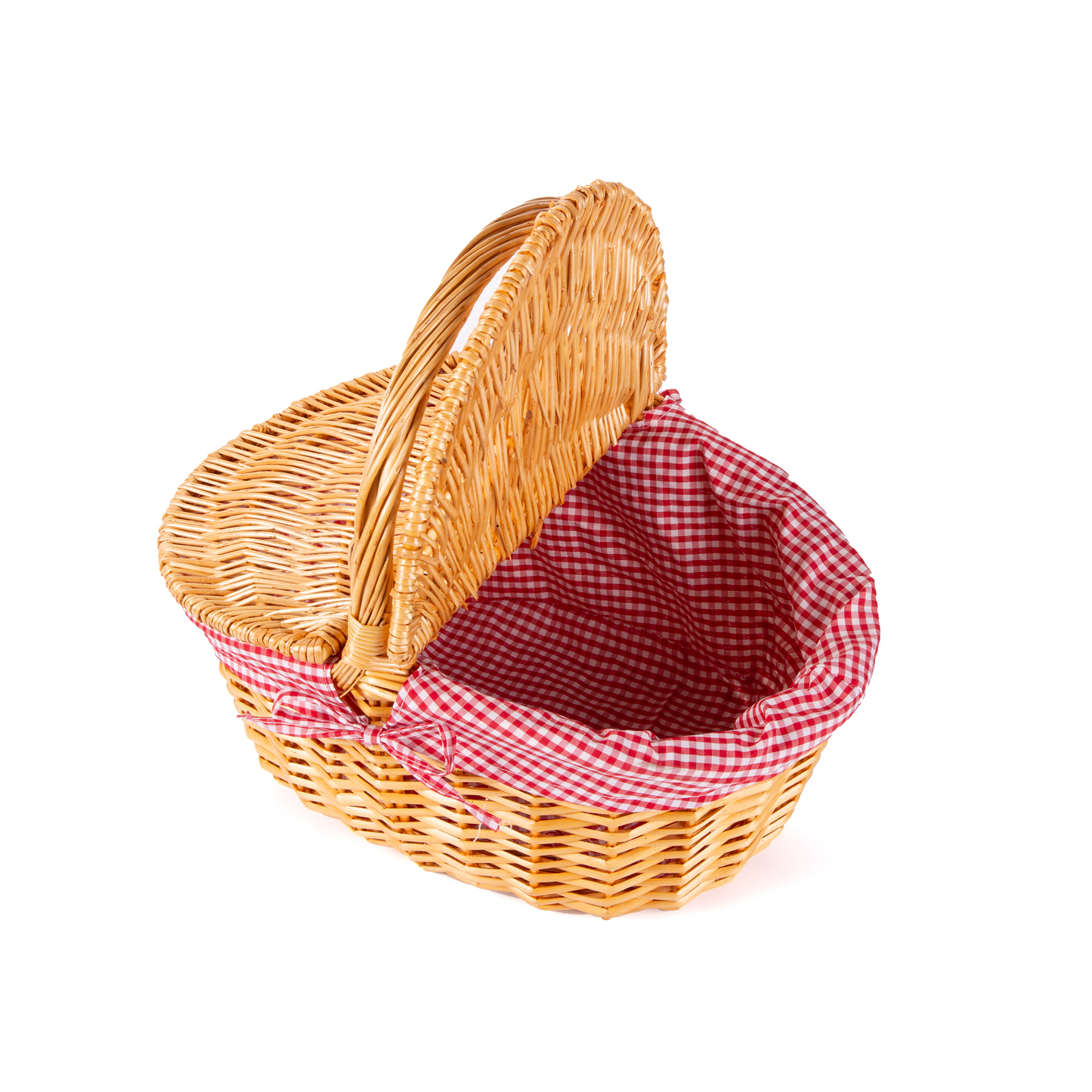 Oval Lidded Wicker Picnic Basket with Red & White Checked Lining