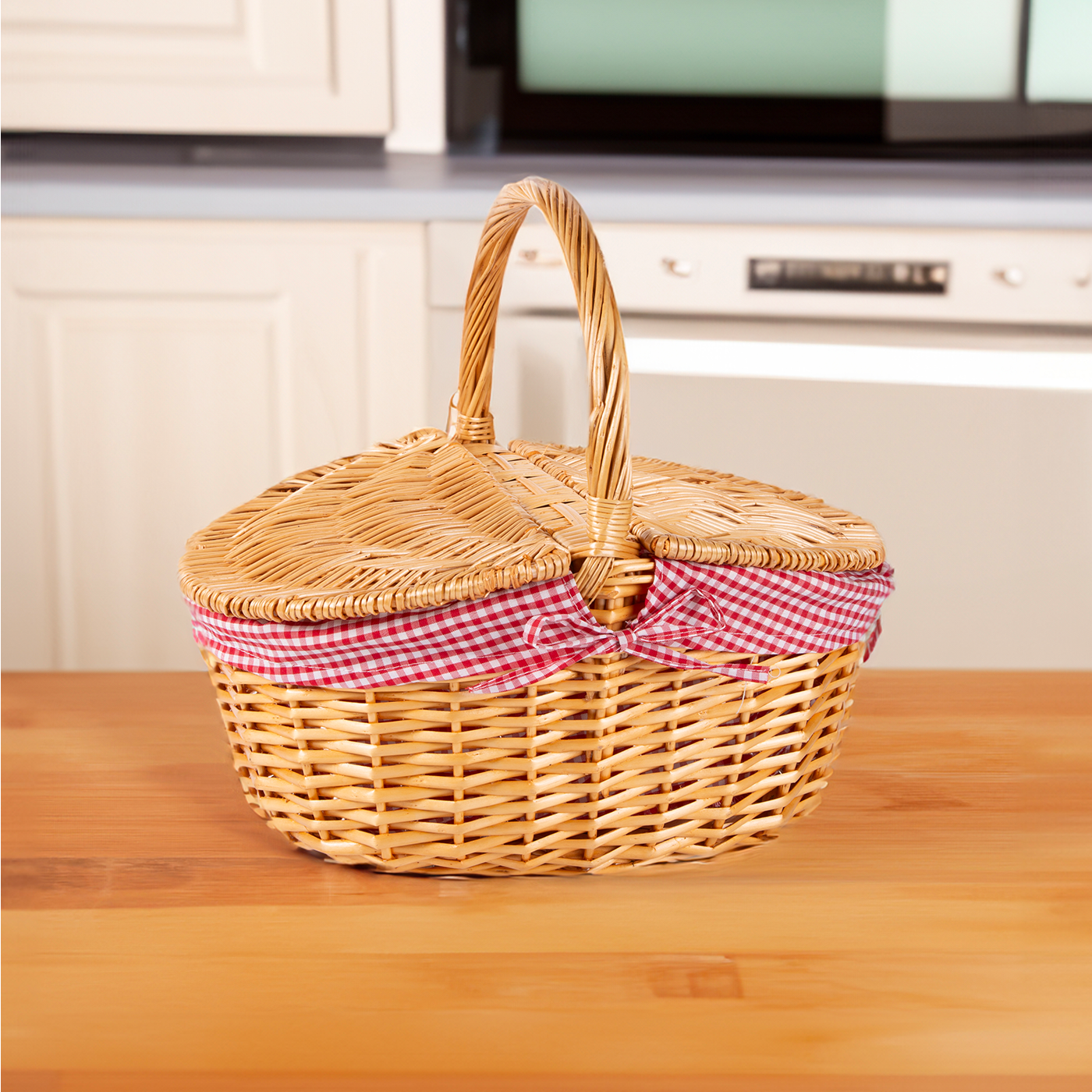 Oval Lidded Wicker Picnic Basket with Red & White Checked Lining